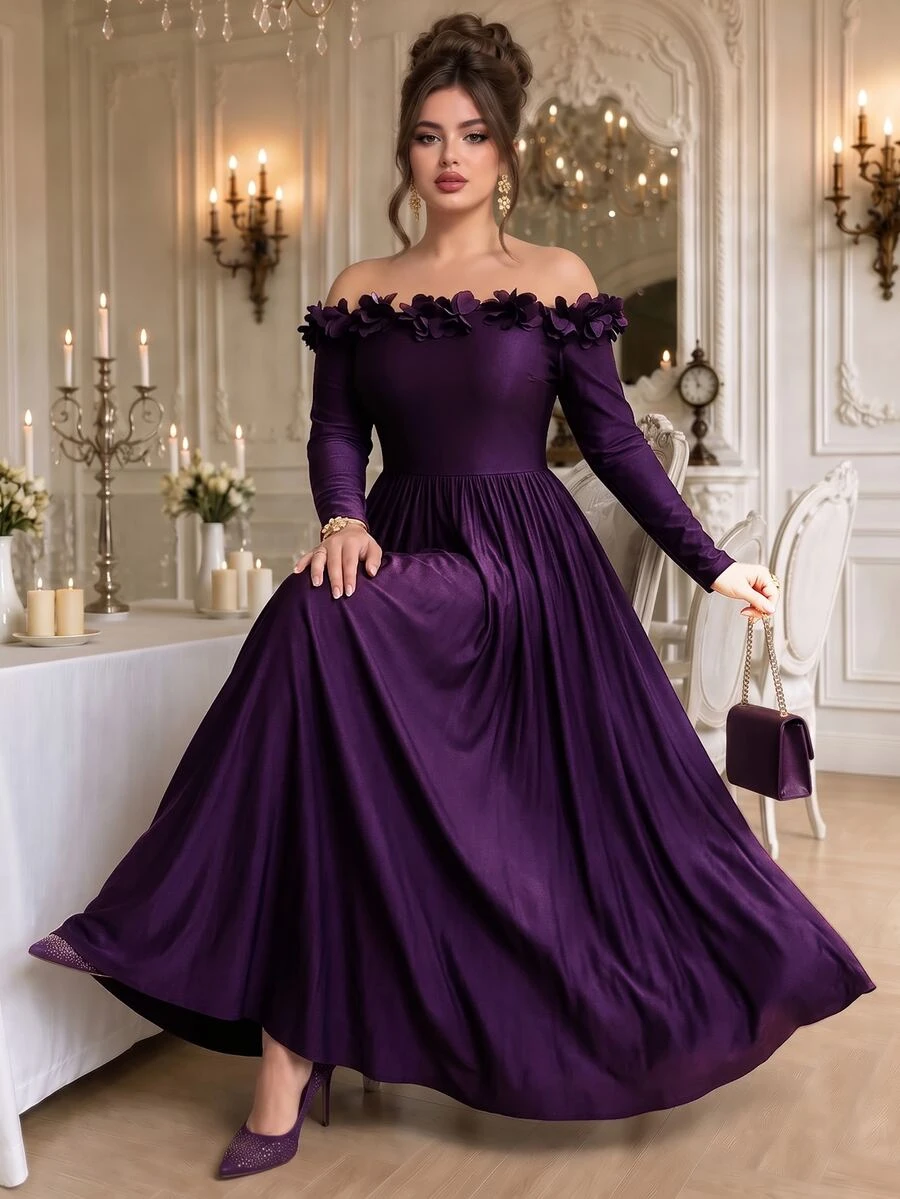 Roveilla Gaun Pesta Elegan Ukuran Plus Model Terbaru dengan Hiasan Renda, Leher V, dan Ruffle, Warna Hitam Model Duyung, Lengan Panjang, Model Duyung. - Purple - View 1