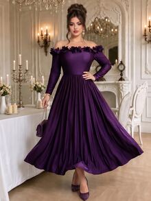 Roveilla Gaun Pesta Elegan Ukuran Plus Model Terbaru dengan Hiasan Renda, Leher V, dan Ruffle, Warna Hitam Model Duyung, Lengan Panjang, Model Duyung. - Purple - View 5