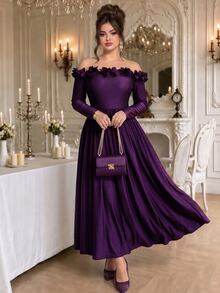 Roveilla Gaun Pesta Elegan Ukuran Plus Model Terbaru dengan Hiasan Renda, Leher V, dan Ruffle, Warna Hitam Model Duyung, Lengan Panjang, Model Duyung. - Purple - View 4
