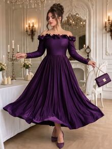 Roveilla Gaun Pesta Elegan Ukuran Plus Model Terbaru dengan Hiasan Renda, Leher V, dan Ruffle, Warna Hitam Model Duyung, Lengan Panjang, Model Duyung. - Purple - View 6
