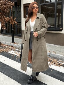 Vionelle Plus Size Woven Plaid Houndstooth Vintage Casual Loose Raglan Sleeve Long Sleeve Mid-Length Old Money Style Luxury Double-Breasted Coat - Multicolor - View 3