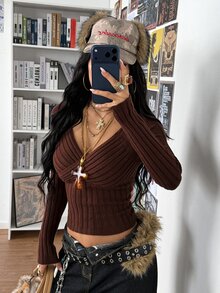 StreetHx كنزة صوفية نسائية خريفية/شتوية بياقة V عميقة ونسيج مضلع وتصميم متقاطع بقصة ضيقة مثيرة ومتعددة الاستخدامات للطبقات بأسلوب Y2K فتاة ساخنة - قهوة بني - مشاهدة 5