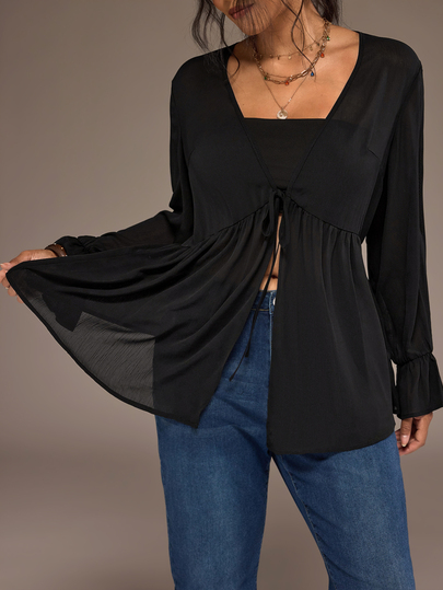 Freevana Plus-Size Sheer Coat For Women, Loose Black Cover-Up With Front Tie Bow, Ruffled Sleeves, Elegant Casual Everyday Wear, Autumn/Winter Going Out Formal
