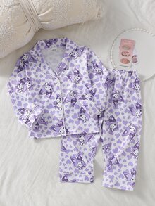 SHEIN 女嬰甜美可愛優雅親膚舒適休閒日常粉色愛心蝴蝶結兔子卡通印花前開襟針織長袖上衣與長褲2件套居家服 - 淡紫色 - 查看 4