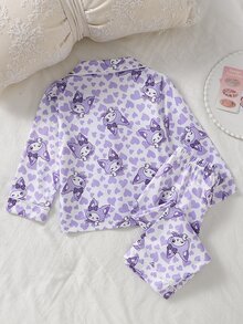 SHEIN 女嬰甜美可愛優雅親膚舒適休閒日常粉色愛心蝴蝶結兔子卡通印花前開襟針織長袖上衣與長褲2件套居家服 - 淡紫色 - 查看 2