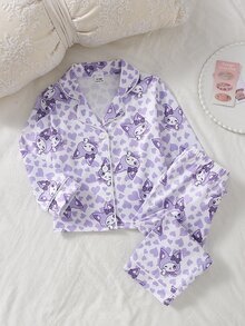 SHEIN 女嬰甜美可愛優雅親膚舒適休閒日常粉色愛心蝴蝶結兔子卡通印花前開襟針織長袖上衣與長褲2件套居家服 - 淡紫色 - 查看 3