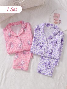 SHEIN 女嬰甜美可愛優雅親膚舒適休閒日常粉色愛心蝴蝶結兔子卡通印花前開襟針織長袖上衣與長褲2件套居家服 - 淡紫色 - 查看 1