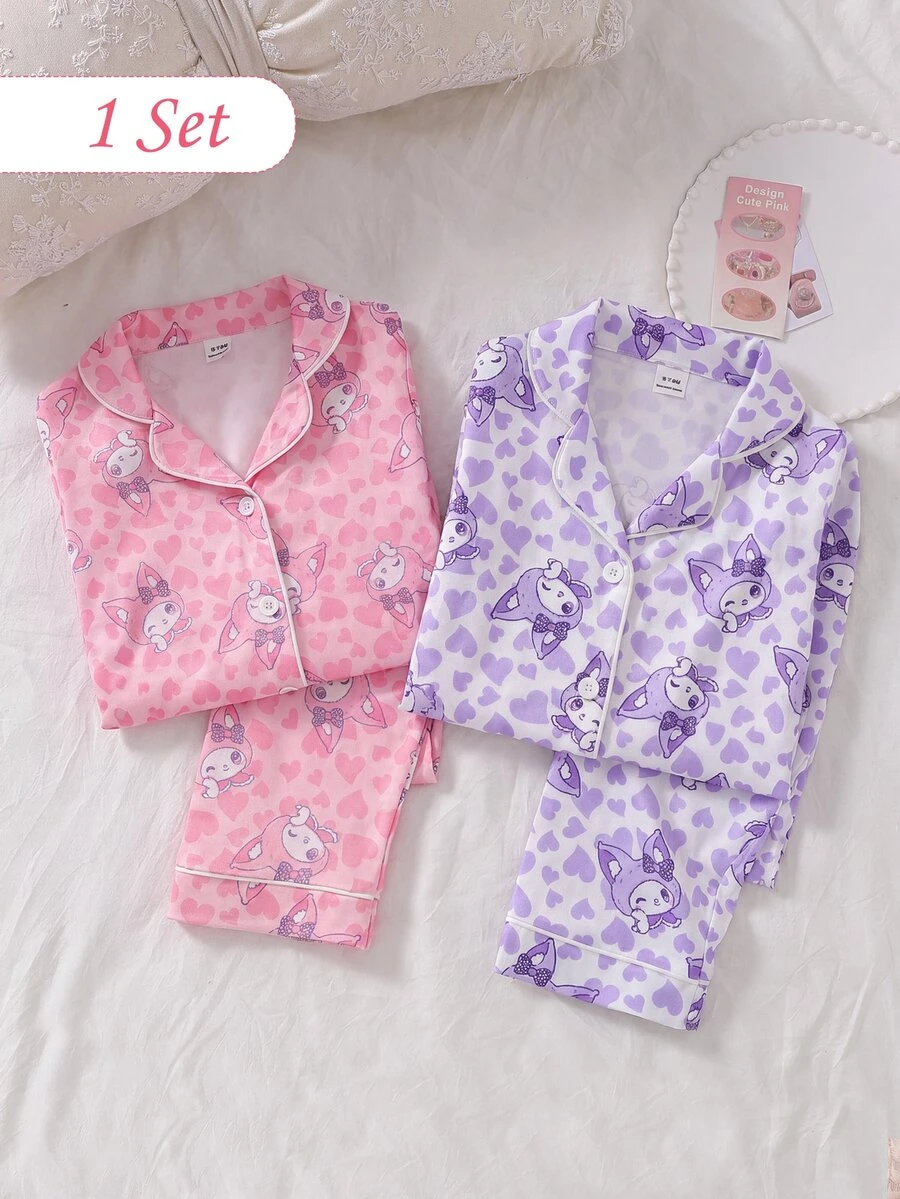 SHEIN 女嬰甜美可愛優雅親膚舒適休閒日常粉色愛心蝴蝶結兔子卡通印花前開襟針織長袖上衣與長褲2件套居家服 - 淡紫色 - 查看 1