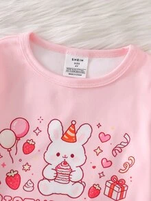 2pcs/Set Young Girls Pajamas Cute Rabbit & Bear Birthday Party Print Long Sleeve Long Pants Knit Snug Fit Sleepwear Loungewear Set - Baby Pink - View 5