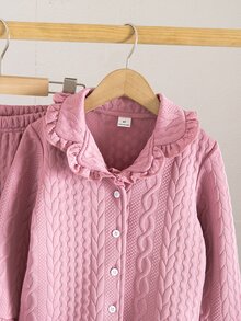 Young Girl Solid Color Long Sleeve Top And Pants Casual Daily Home Sleepwear Set - Watermelon Pink - View 12