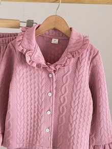 Young Girl Solid Color Long Sleeve Top And Pants Casual Daily Home Sleepwear Set - Watermelon Pink - View 8