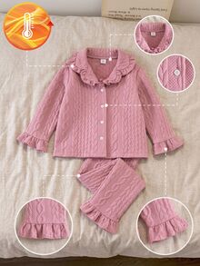 Young Girl Solid Color Long Sleeve Top And Pants Casual Daily Home Sleepwear Set - Watermelon Pink - View 6