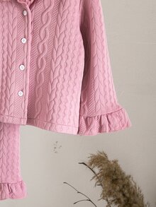Young Girl Solid Color Long Sleeve Top And Pants Casual Daily Home Sleepwear Set - Watermelon Pink - View 4