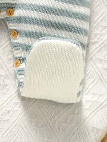 SHEIN 1pc Newborn Striped Crew Neck Long Sleeve Romper, Casual & Minimalist Design Fall Winter - Blue and White - View 4