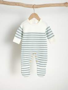 SHEIN 1pc Newborn Striped Crew Neck Long Sleeve Romper, Casual & Minimalist Design Fall Winter - Blue and White - View 6