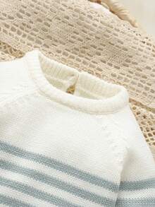 SHEIN 1pc Newborn Striped Crew Neck Long Sleeve Romper, Casual & Minimalist Design Fall Winter - Blue and White - View 5