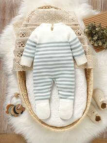 SHEIN 1pc Newborn Striped Crew Neck Long Sleeve Romper, Casual & Minimalist Design Fall Winter - Blue and White - View 8