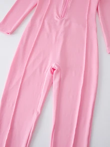 女童粉色長袖連身褲，半拉鍊前領設計修身運動服，適合健身、秋季穿著、日常休閒穿搭及各種活動場合 - 粉色 - 查看 7