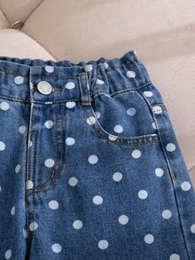 SHEIN Genkimix Kids 女童波點牛仔長褲 全季休閒可愛復古 中藍色牛仔布 夏季度假波點印花 日常百搭 適合度假旅行野餐穿搭 牛仔度假出遊單品 - 中等水洗藍 - 查看 5