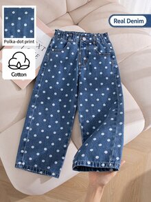 SHEIN Genkimix Kids 女童波點牛仔長褲 全季休閒可愛復古 中藍色牛仔布 夏季度假波點印花 日常百搭 適合度假旅行野餐穿搭 牛仔度假出遊單品 - 中等水洗藍 - 查看 3