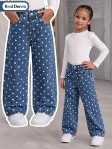 SHEIN Genkimix Kids 女童波點牛仔長褲 全季休閒可愛復古 中藍色牛仔布 夏季度假波點印花 日常百搭 適合度假旅行野餐穿搭 牛仔度假出遊單品 - 中等水洗藍 - 查看 1