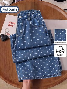 SHEIN Genkimix Kids 女童波點牛仔長褲 全季休閒可愛復古 中藍色牛仔布 夏季度假波點印花 日常百搭 適合度假旅行野餐穿搭 牛仔度假出遊單品 - 中等水洗藍 - 查看 2
