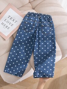 SHEIN Genkimix Kids 女童波點牛仔長褲 全季休閒可愛復古 中藍色牛仔布 夏季度假波點印花 日常百搭 適合度假旅行野餐穿搭 牛仔度假出遊單品 - 中等水洗藍 - 查看 4