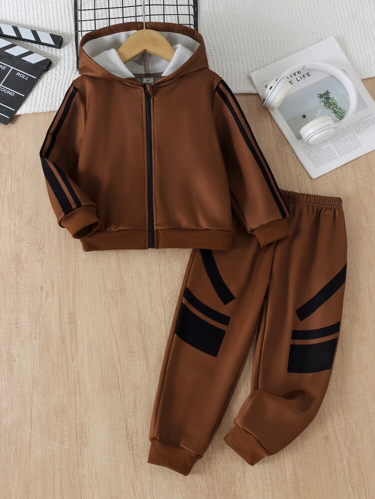 2pcs Young Boys Outerwear Set Casual White Geometric Stripe Zip-Up Hooded Loose Fit Fleece School Birthday Winter Clothes New - Multicolor - View 7