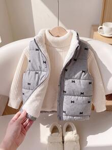 SHEIN Playful Pals 1件女嬰加厚背心外套 優雅灰色蝴蝶結波點印花 絨毛抓絨 無袖立領 厚款戶外冬季秋季聖誕節假期羽絨背心 - 灰色 - 查看 3