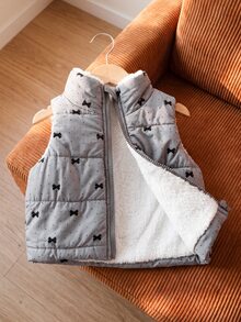 SHEIN Playful Pals 1件女嬰加厚背心外套 優雅灰色蝴蝶結波點印花 絨毛抓絨 無袖立領 厚款戶外冬季秋季聖誕節假期羽絨背心 - 灰色 - 查看 6