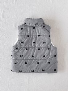 SHEIN Playful Pals 1件女嬰加厚背心外套 優雅灰色蝴蝶結波點印花 絨毛抓絨 無袖立領 厚款戶外冬季秋季聖誕節假期羽絨背心 - 灰色 - 查看 2