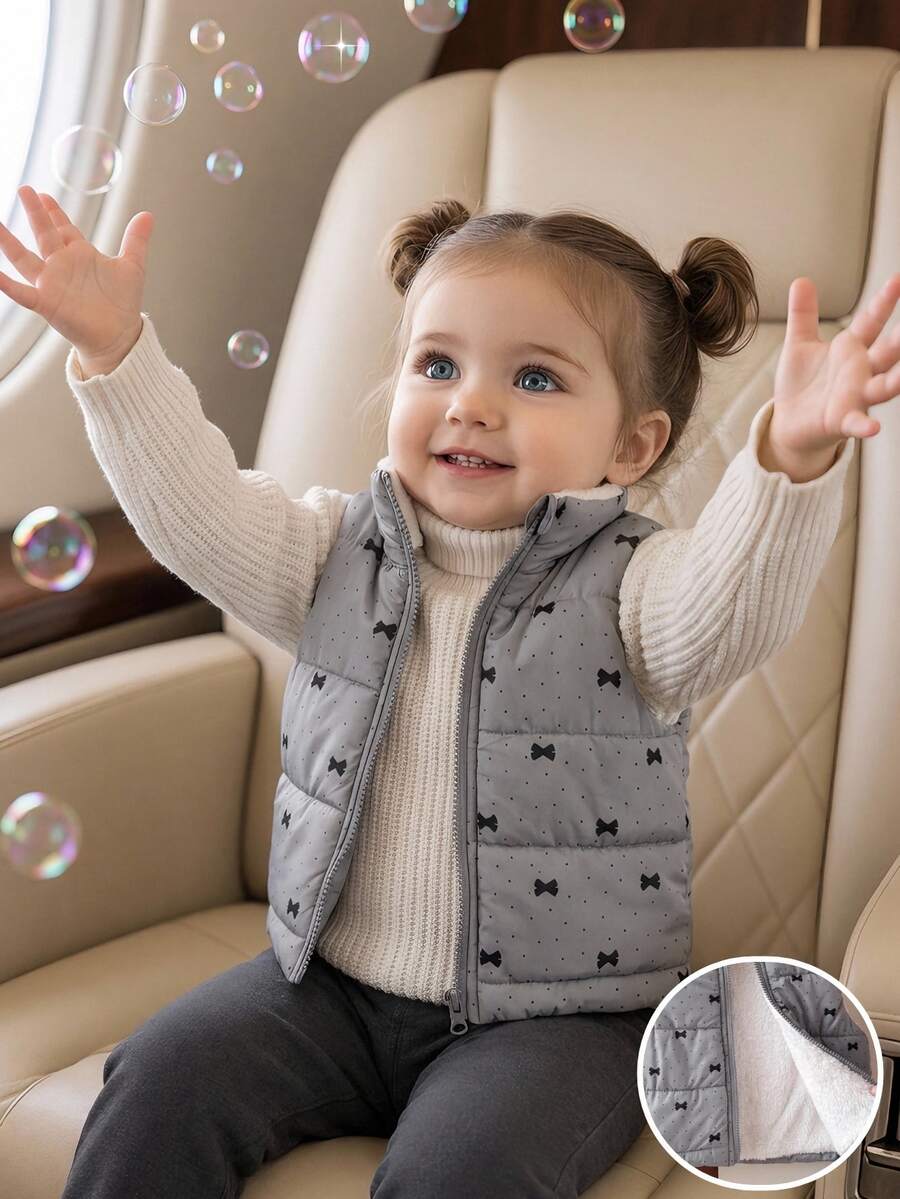 SHEIN Playful Pals 1件女嬰加厚背心外套 優雅灰色蝴蝶結波點印花 絨毛抓絨 無袖立領 厚款戶外冬季秋季聖誕節假期羽絨背心 - 灰色 - 查看 1
