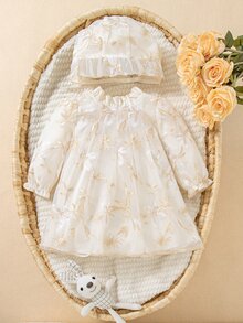 SHEIN 2件組女嬰優雅象牙金花卉刺繡蕾絲薄紗荷葉邊長袖圓領婚禮賓客秋季優雅時尚連身裙附帽子 - 彩色 - 查看 2
