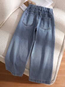 SHEIN Genkimix Kids 女童牛仔褲 Y2K 牛仔女郎風長褲 秋季秋冬冬季款 純棉牛仔兩件套 四季通用 嬰兒洗禮藍 - 藍色 - 查看 2