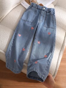 SHEIN Genkimix Kids 女童牛仔褲 Y2K 牛仔女郎風長褲 秋季秋冬冬季款 純棉牛仔兩件套 四季通用 嬰兒洗禮藍 - 藍色 - 查看 1