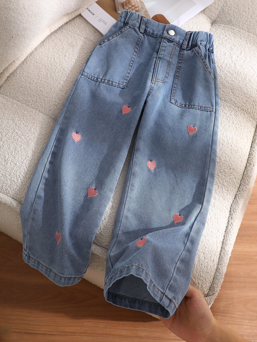 SHEIN Genkimix Kids 女童牛仔褲 Y2K 牛仔女郎風長褲 秋季秋冬冬季款 純棉牛仔兩件套 四季通用 嬰兒洗禮藍 - 藍色 - 查看 1