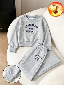 SHEIN Elladie kids Casuvi Kid Gray English Printed Knit Pullover Pullover Sweatshirt And Wide Leg Pants Set, Autumn And Winter Sports Set, Autumn And Winter Daily Dressing - Grey - View 4