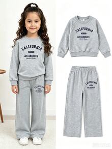 SHEIN Elladie kids Casuvi Kid Gray English Printed Knit Pullover Pullover Sweatshirt And Wide Leg Pants Set, Autumn And Winter Sports Set, Autumn And Winter Daily Dressing - Grey - View 5
