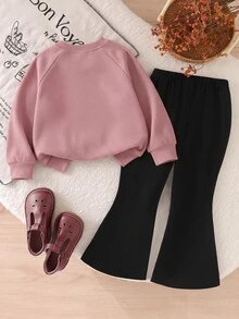 SHEIN Playful Pals 女嬰棕色羅紋長袖開襟外套，大花飾裝，純色喇叭褲兩件套，春秋休閒日常慵懶風服飾 - 粉色 - 查看 2