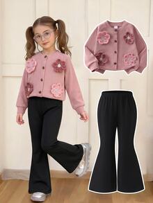 SHEIN Playful Pals 女嬰棕色羅紋長袖開襟外套，大花飾裝，純色喇叭褲兩件套，春秋休閒日常慵懶風服飾 - 粉色 - 查看 3