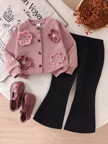SHEIN Playful Pals 女嬰棕色羅紋長袖開襟外套，大花飾裝，純色喇叭褲兩件套，春秋休閒日常慵懶風服飾 - 粉色 - 查看 8