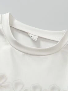 Elladie kids 女童溫柔法式仙女風對比色圓領長袖打底上衣，拼接3D珍珠花卉印花黑白上衣 - 黑與白 - 查看 7