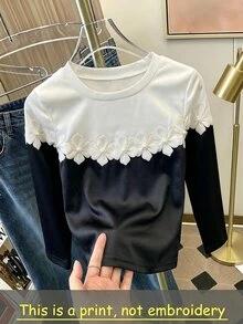 Elladie kids 女童溫柔法式仙女風對比色圓領長袖打底上衣，拼接3D珍珠花卉印花黑白上衣 - 黑與白 - 查看 4
