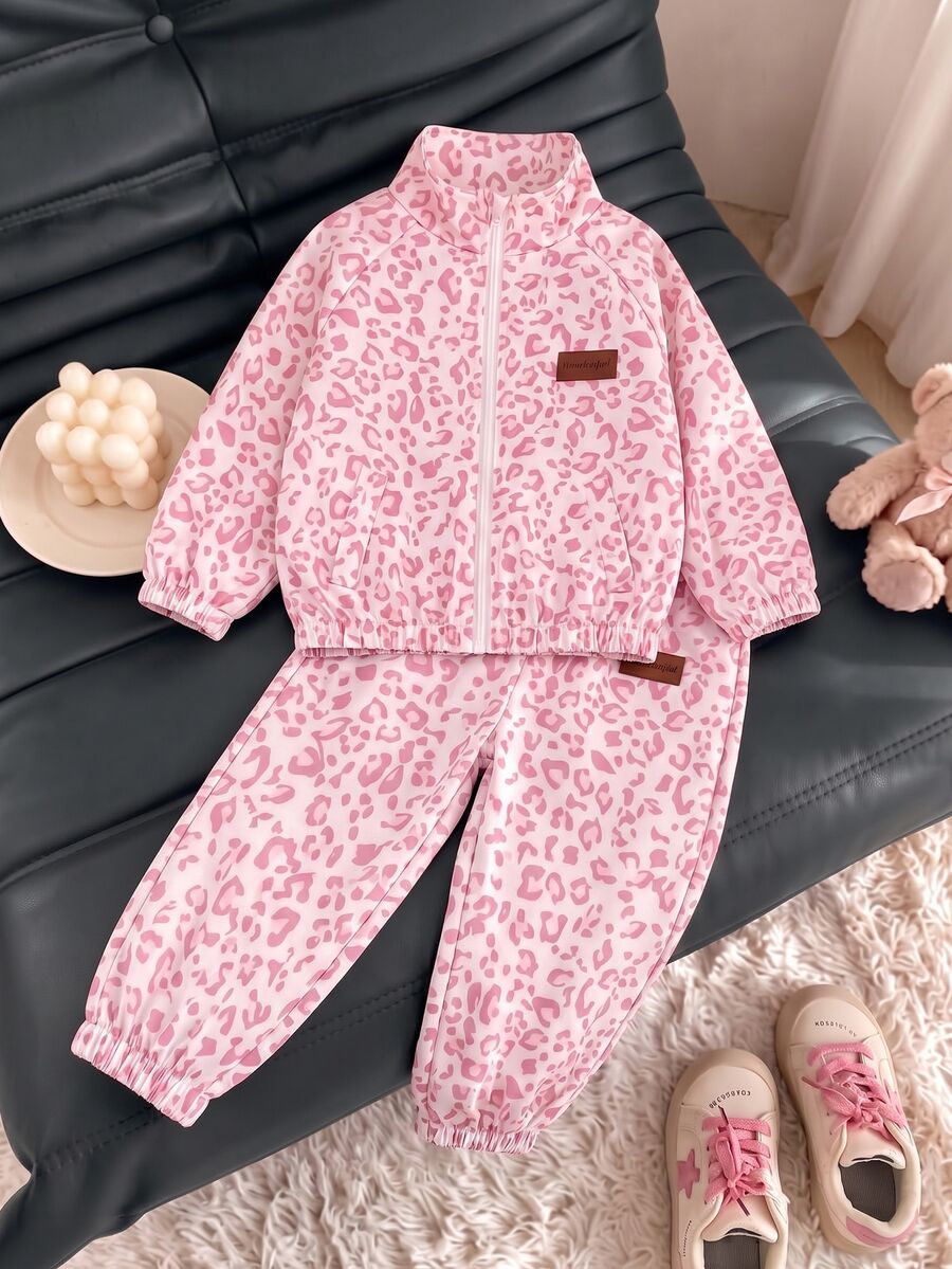 SHEIN Elladie kids 女童粉色豹紋立領拉鍊夾克 2 件套,落肩長袖外套配長褲,春秋校園穿搭,7 歲生日禮物 - 粉色 - 查看 1