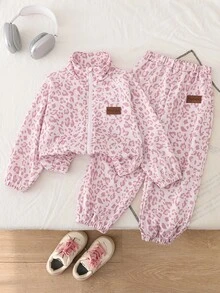 SHEIN Elladie kids 女童粉色豹紋立領拉鍊夾克 2 件套，落肩長袖外套配長褲，春秋校園穿搭，7 歲生日禮物 - 粉色 - 查看 8
