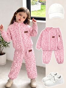 SHEIN Elladie kids 女童粉色豹紋立領拉鍊夾克 2 件套，落肩長袖外套配長褲，春秋校園穿搭，7 歲生日禮物 - 粉色 - 查看 3