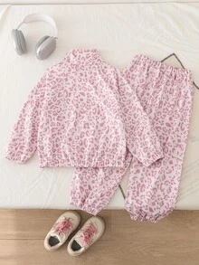 SHEIN Elladie kids 女童粉色豹紋立領拉鍊夾克 2 件套，落肩長袖外套配長褲，春秋校園穿搭，7 歲生日禮物 - 粉色 - 查看 2
