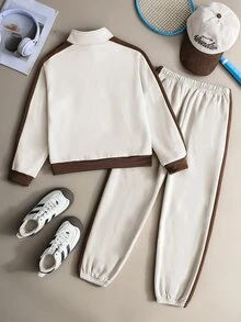 SHEIN 2件組大童運動風拼色刺繡補丁半拉鍊慢跑褲加厚抓絨運動衫套裝，適合學校、滑板、戶外、秋季穿搭 - 米色 - 查看 2