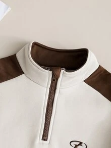 SHEIN 2件組大童運動風拼色刺繡補丁半拉鍊慢跑褲加厚抓絨運動衫套裝，適合學校、滑板、戶外、秋季穿搭 - 米色 - 查看 5