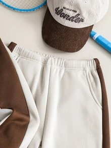 SHEIN 2件組大童運動風拼色刺繡補丁半拉鍊慢跑褲加厚抓絨運動衫套裝，適合學校、滑板、戶外、秋季穿搭 - 米色 - 查看 9